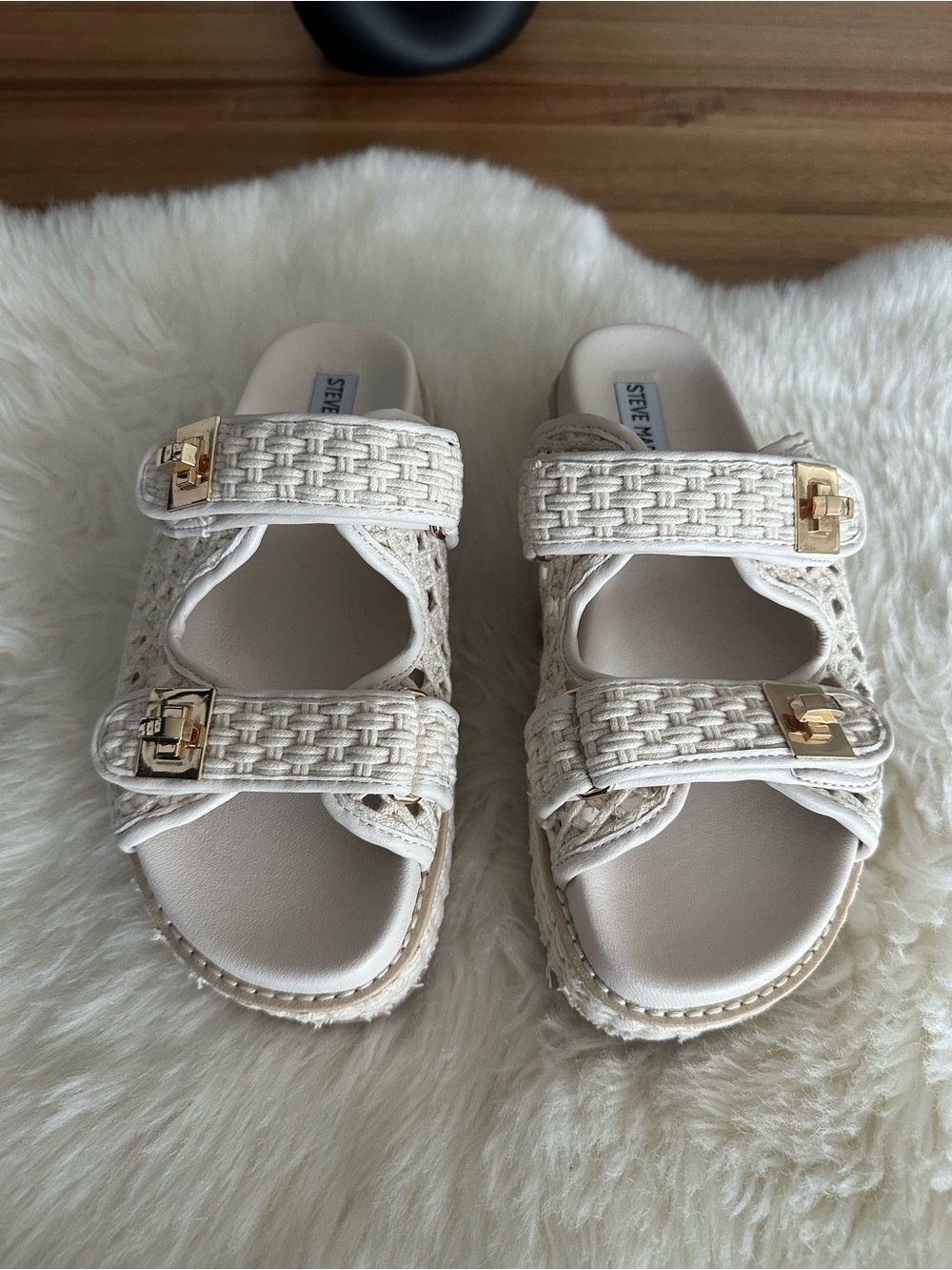 Steve Madden Cream Woven Double-Strap Slide Sandals with Gold Buckles